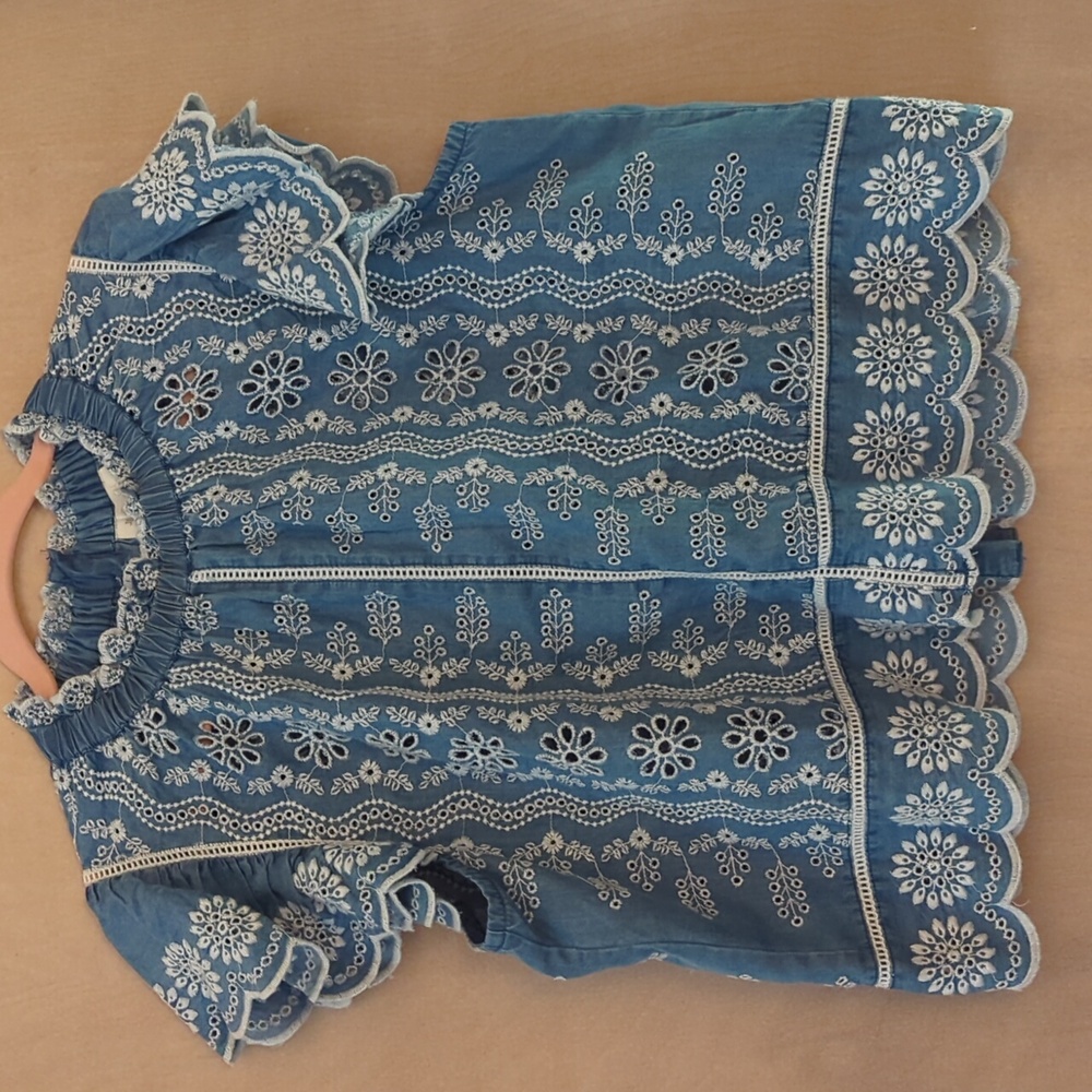 Embroidered Blue Flutter-Sleeve Women's Top - Picture 6 of 6